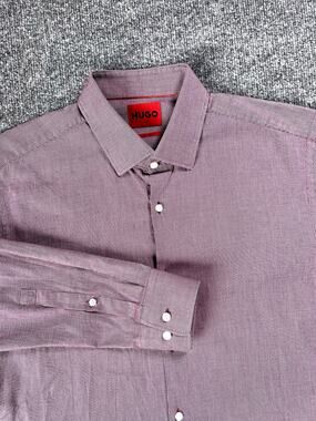HUGO BOSS Kenno Slim Fit Micro Pattern Dress Shirt Burgundy Mens Large